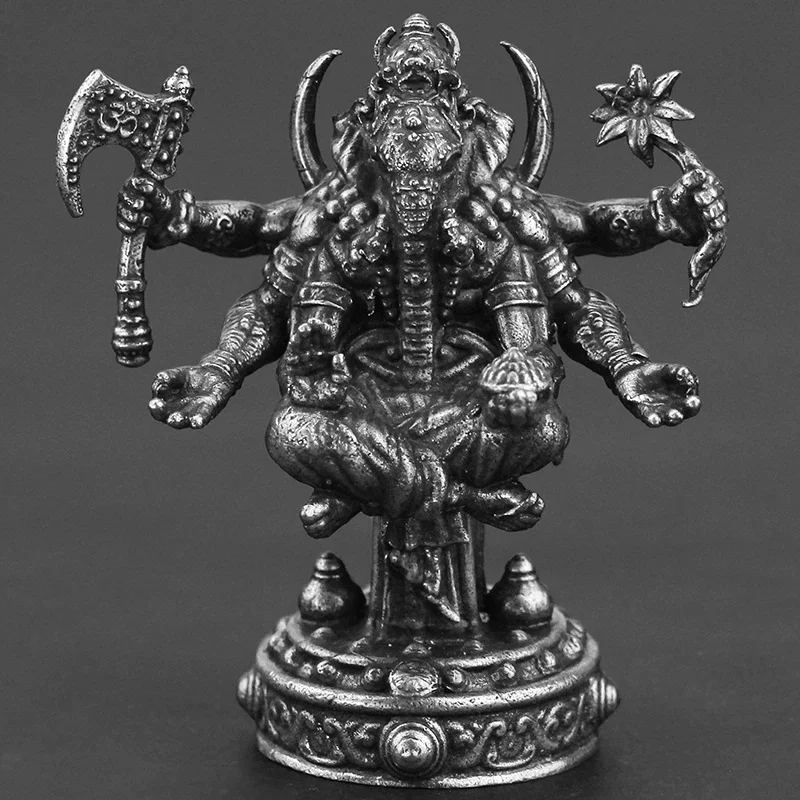 Six-Armed Ganesha White Copper Metal Figurine Hindu Wisdom God Statue Mini Desktop Ornament Decoration Lucky Collectible Gift