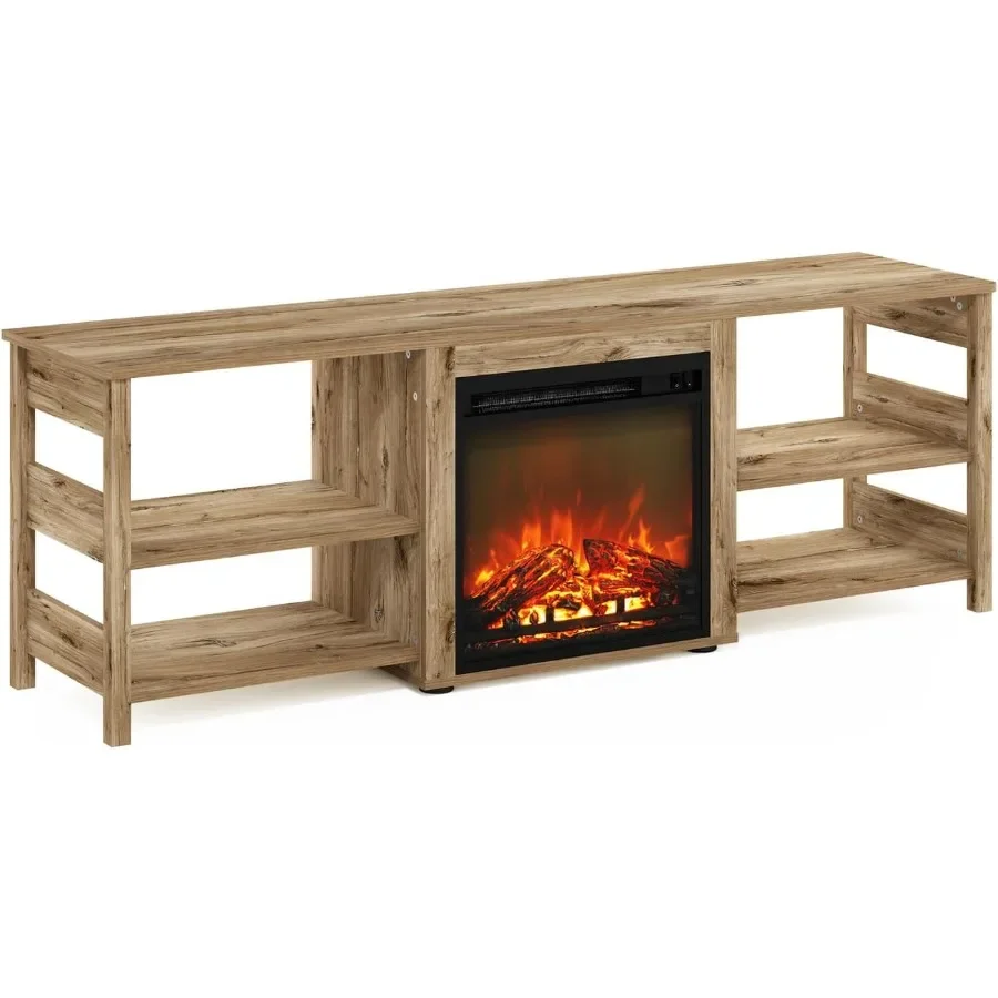 TV stand for living room, engineered wood, white, built-in electric fireplace with adjustable heat and flame effect