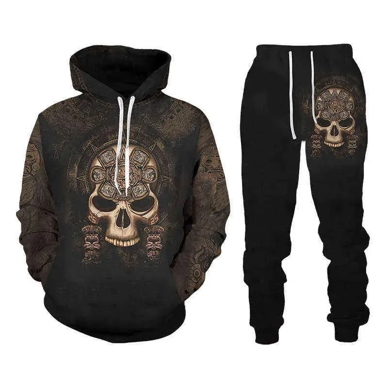 Skull 3D Printed Hoodies Trousers Set Autumn Winter Men Tracksuits Casual Sweashirt Pullover 2 Piece Suit Vintage Men Outfits