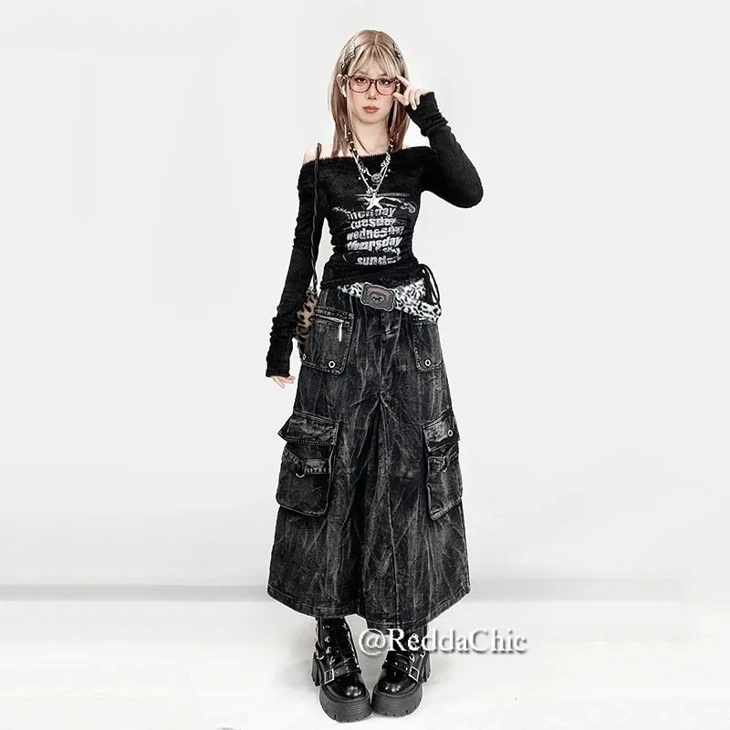 IMU Distressed Denim Cargo Skirt Women Midi Long Eyelets Pocket Tie Dye A-line High Waist Jeans Skirt Retro Streetwear