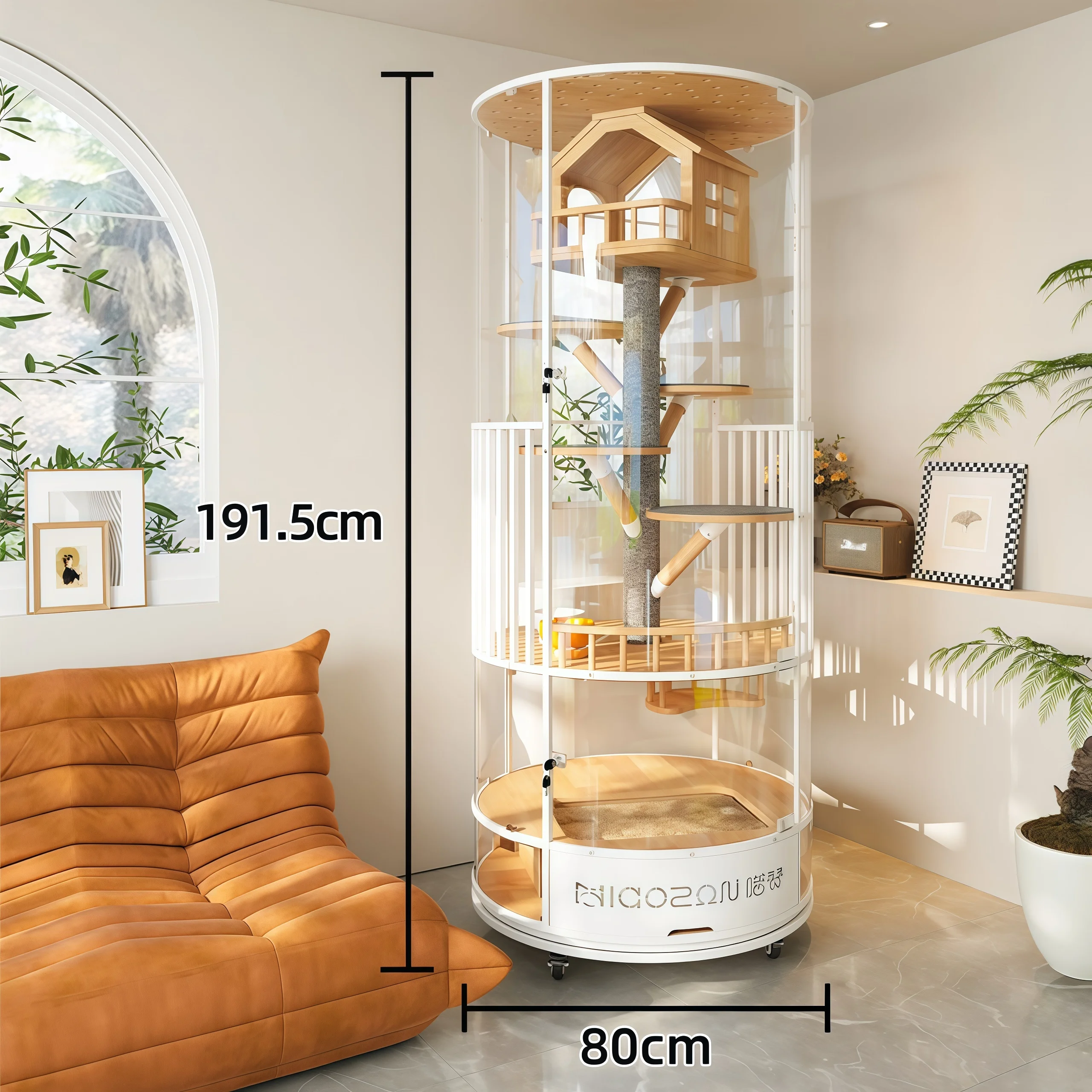 

Transparent Glass Rotating Cylindrical Wood Cat Villa Modern Luxury Indoor Cat Cage with Integrated Litter Box