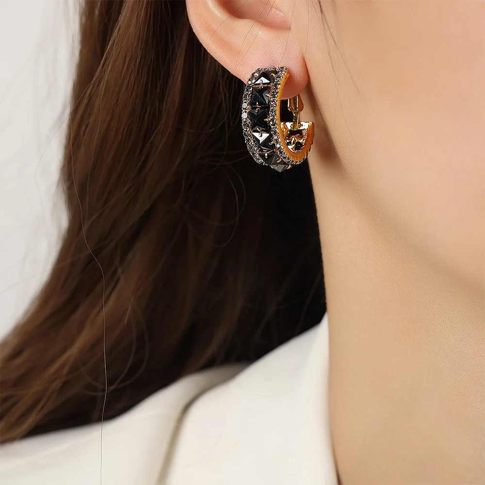 TOSOKO Geometric Jewelry Inlaid With Black Zircon Copper Material Earrings For Women's Fashionable Ear Rings BSF1101