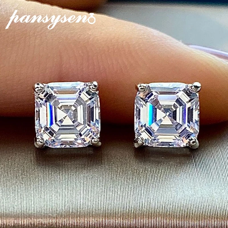 PANSYSEN Classic 100% 925 Sterling Silver Asscher Cut Simulated Moissanite Diamond Wedding Engagement Stud Earrings Fine Jewelry