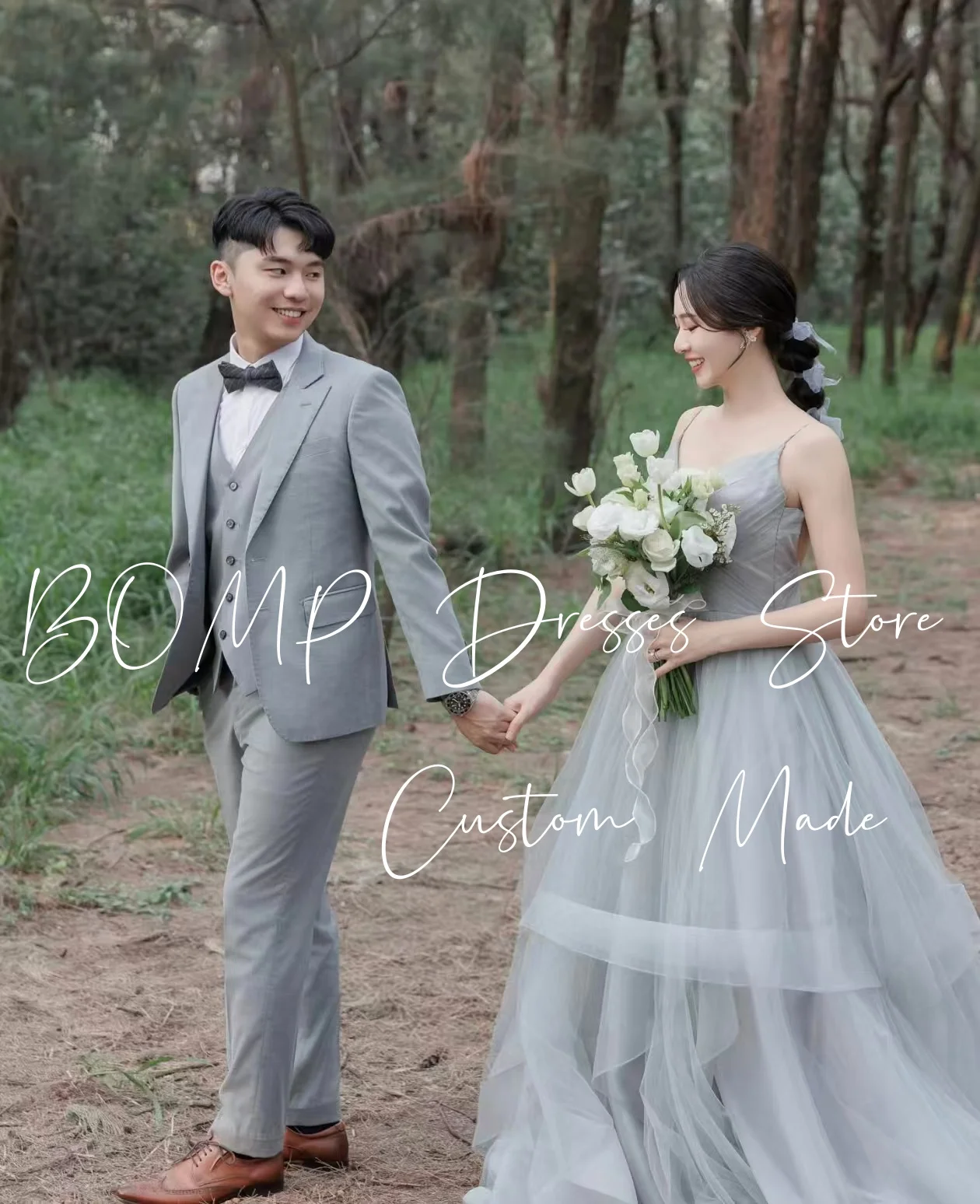 BOMP 우아한 블루 웨딩 드레스 스파게티 스트랩 백리스 바닥 길이 Tulle Korea 사진 촬영 신부 리셉션 가운 맞춤형