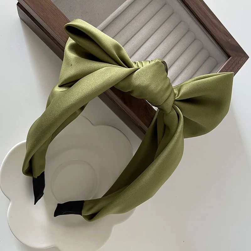 Korean version of green purple satin bow headband pressure hair reduction age cute wide-brimmed headband hair accessories