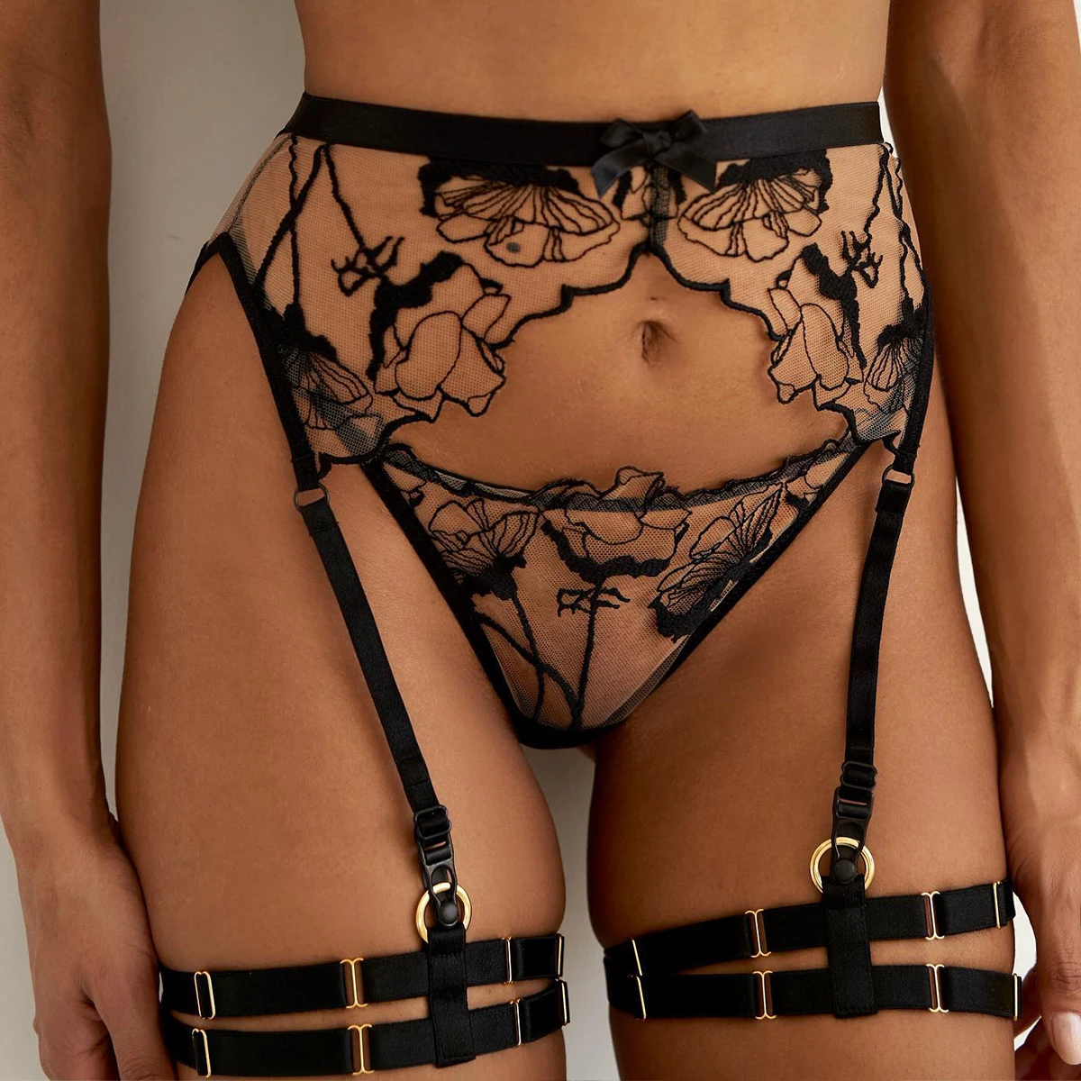 European and American 2025 Fashion Sexy Exotic Lace Mesh Transparent Hollow Temptation Women's Underwear Four Piece Set