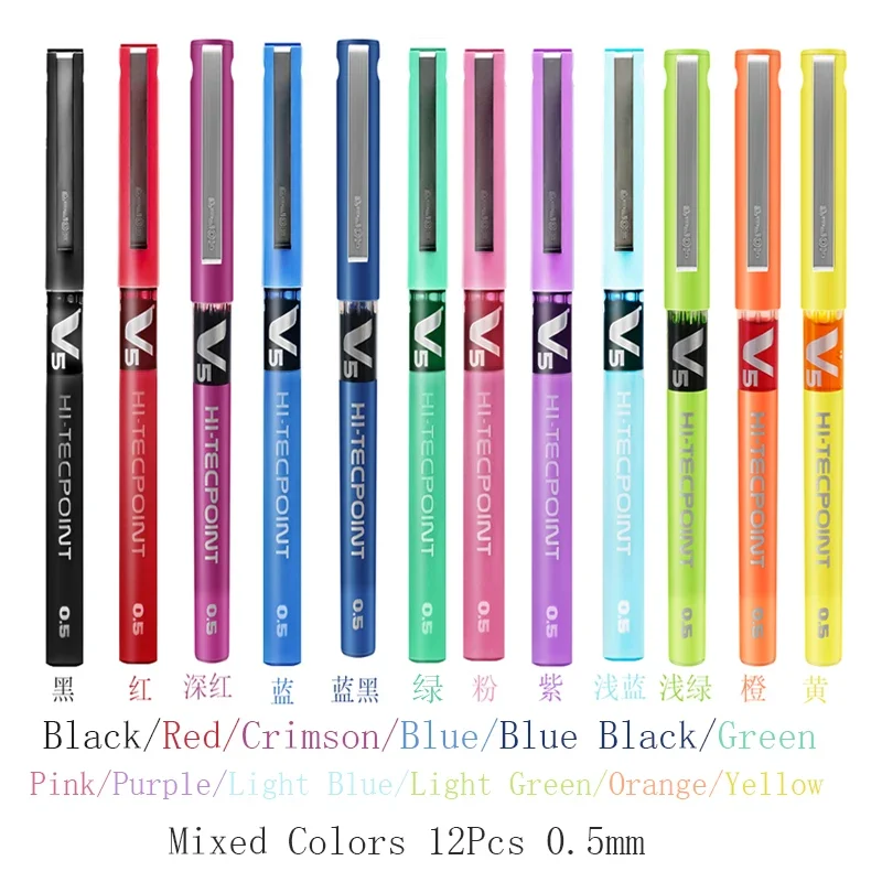 12pcs 6/ Japan Pilot V5 Hi Tecpoint Straight Liquid Roller Large Pen Capacity Quick-drying Ink 0.5mm Needle Tip Black Red Blue