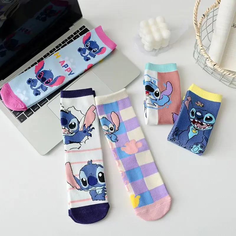 5 Pairs Cartoon Disney Lilo & Stitch Women Socks Cotton Comfortable Anime Crew Socks Casual Harajuku Happy Funny Mid-Calf Socks