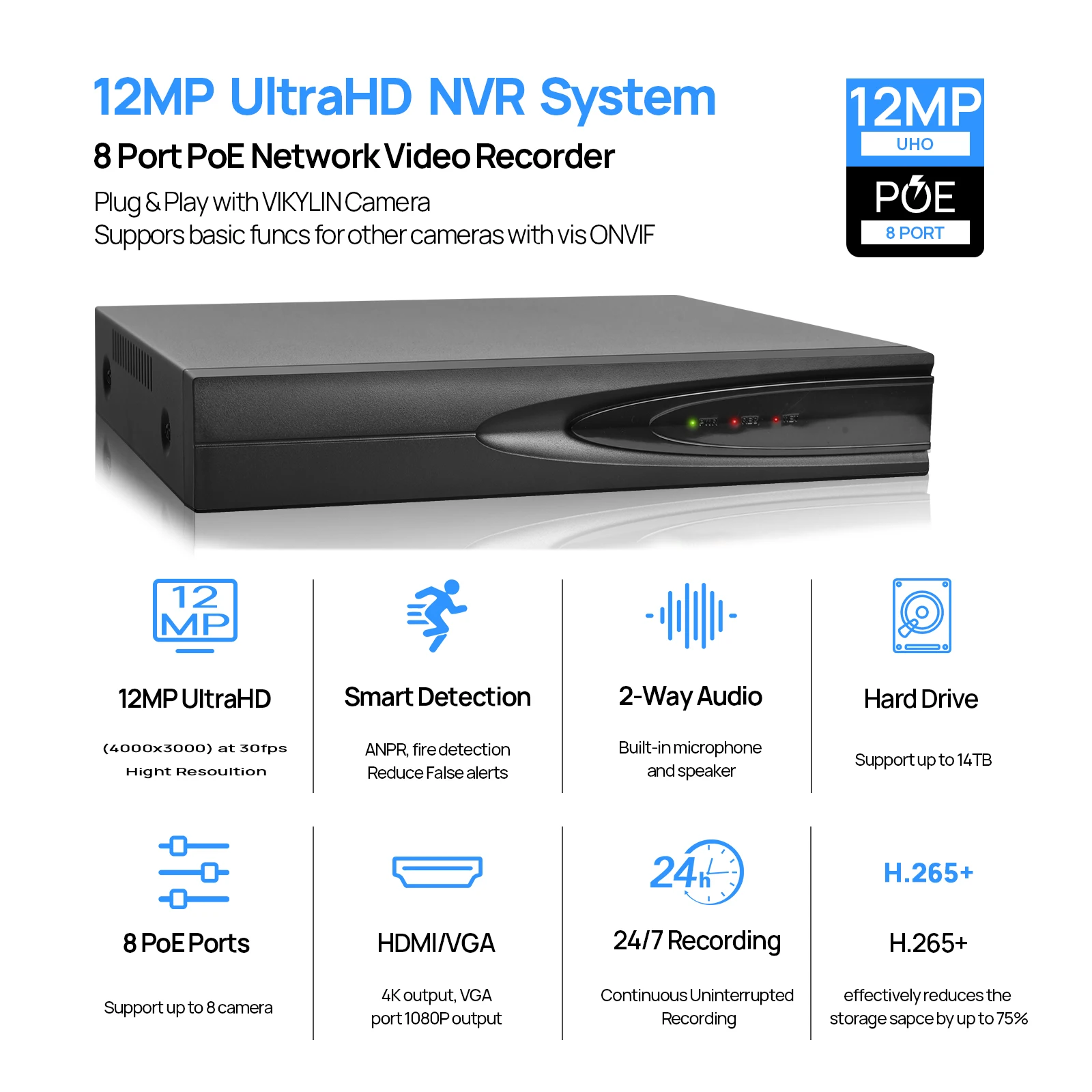Vikylin 4K NVR UP to 12MP Home CCTV Security Surveillance System 8ch 8POE Support Hard Disk Network Video Recorder P2P H.265+