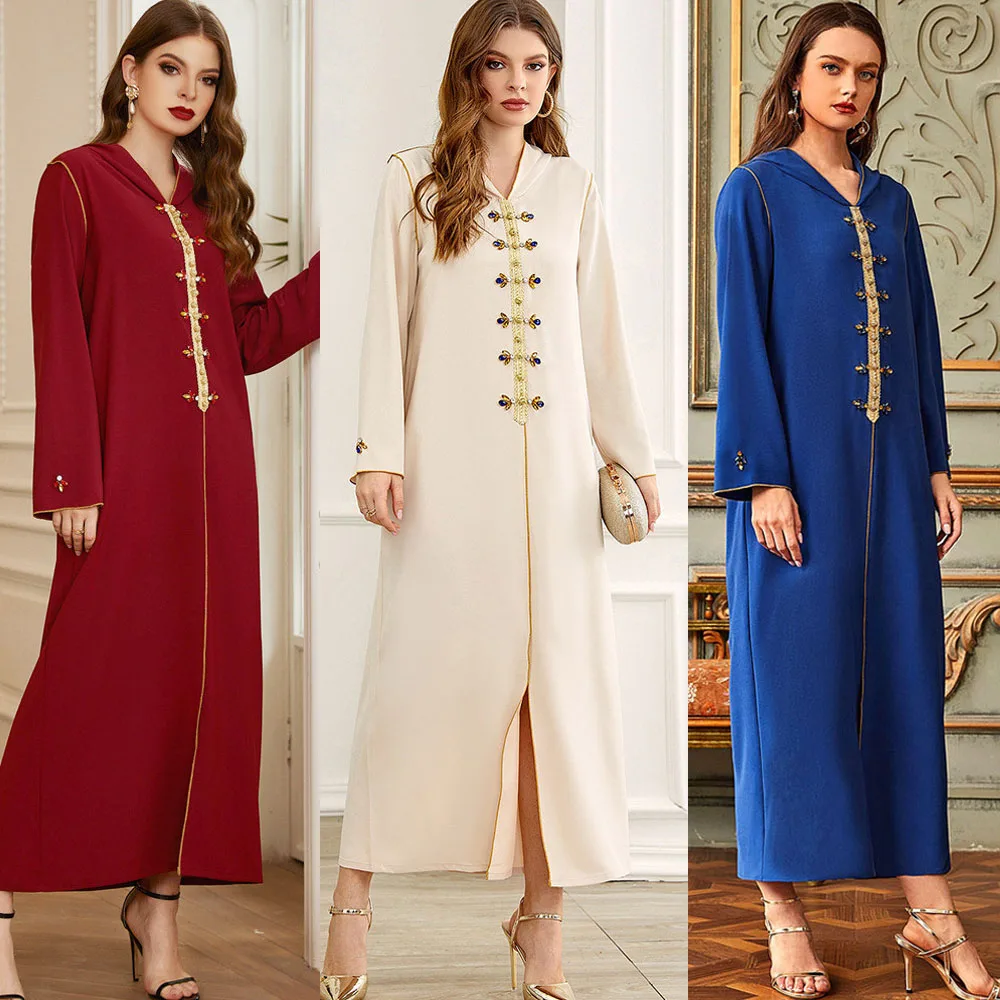 

Dubai Kaftan Muslim Hooded Long Dress Abaya Arab Maxi Robe Diamond Turkish Moroccan Malaysia Middle East Ramadan Islamic Vestido