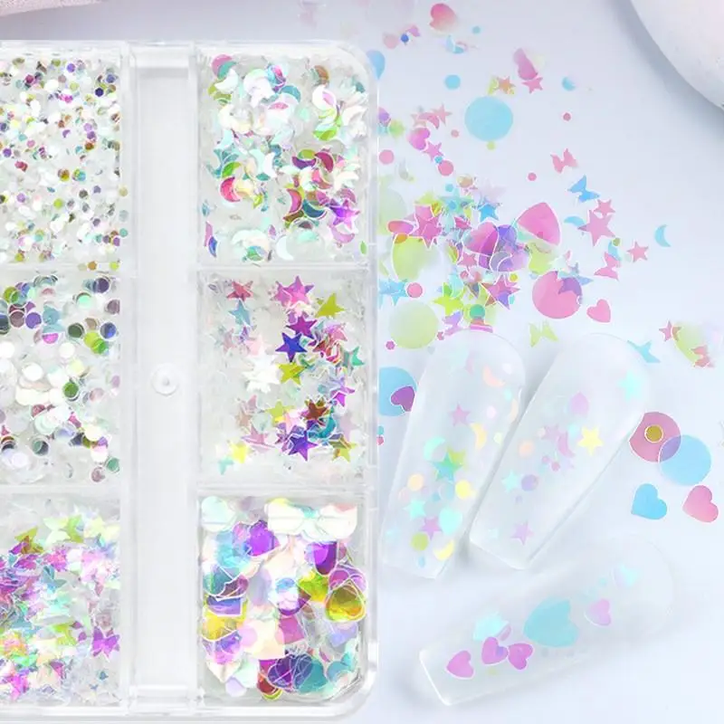 Mini 6 griglie per unghie con paillettes decorazione arcobaleno luce amore stella luna accessori per unghie materiale trasparente per il miglioramento delle unghie fai da te