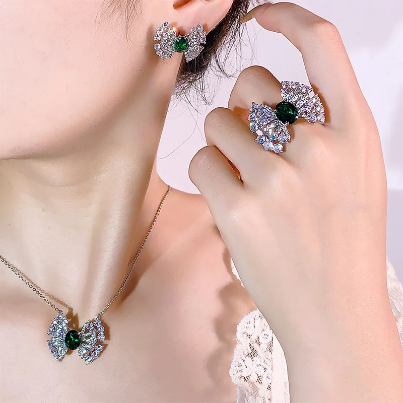 Bow Shape Green Cubic Zirconia Jewelry Set Silver Plated Necklace Earring Ring 3Pcs Women Daily Commute Luxury Jewelry