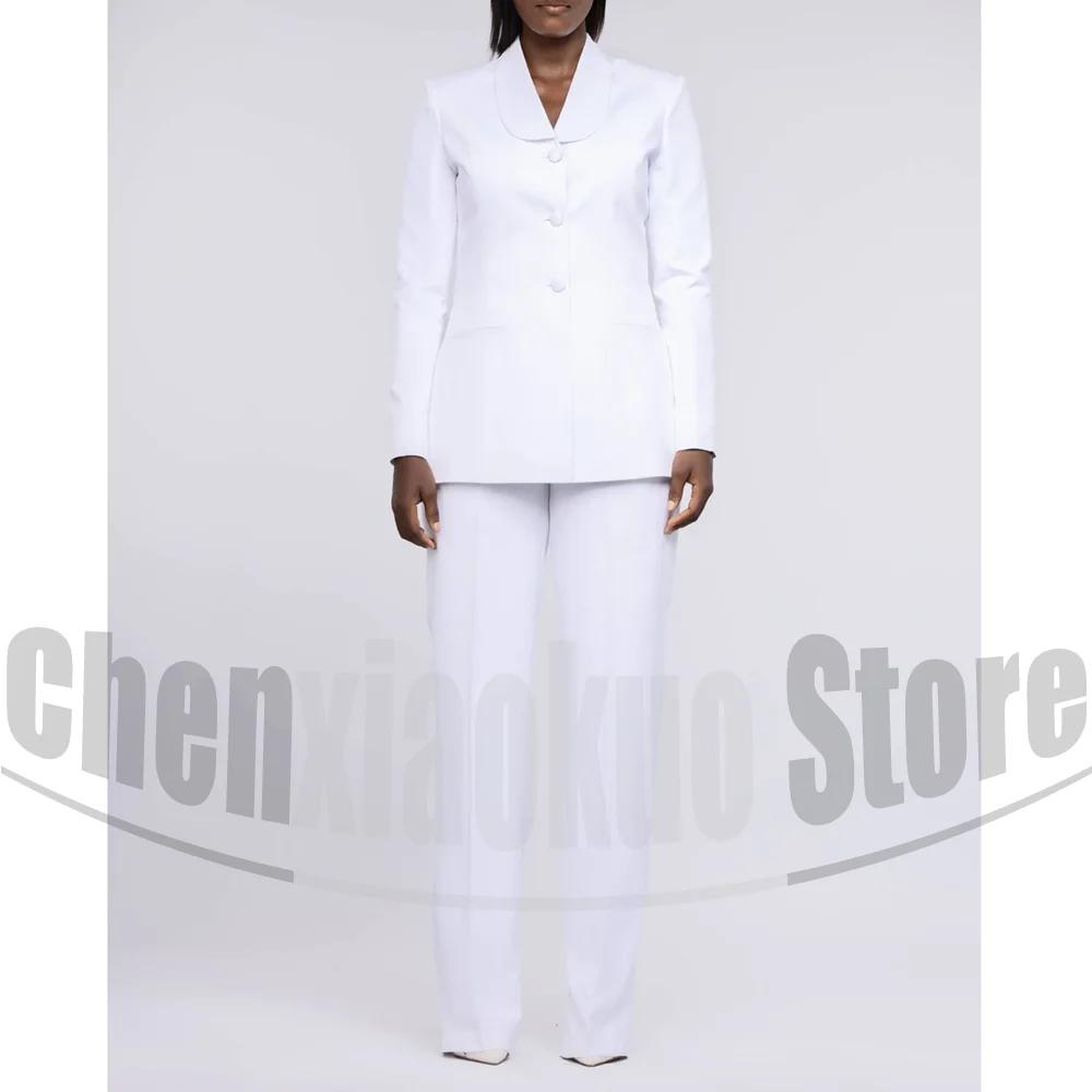 Women Elegant White Two Piece Suit Single Breasted Blazer and Pants Fashion Formal Office Business Party Wedding Lady Outfit