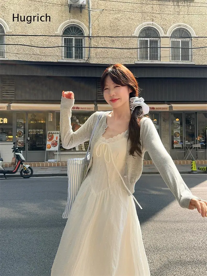 Soft Knit Long Sleeve Scallop Edge Cardigan Sleeveless Dot Textured Lace Trim Tie Front A Line Long Dress Set