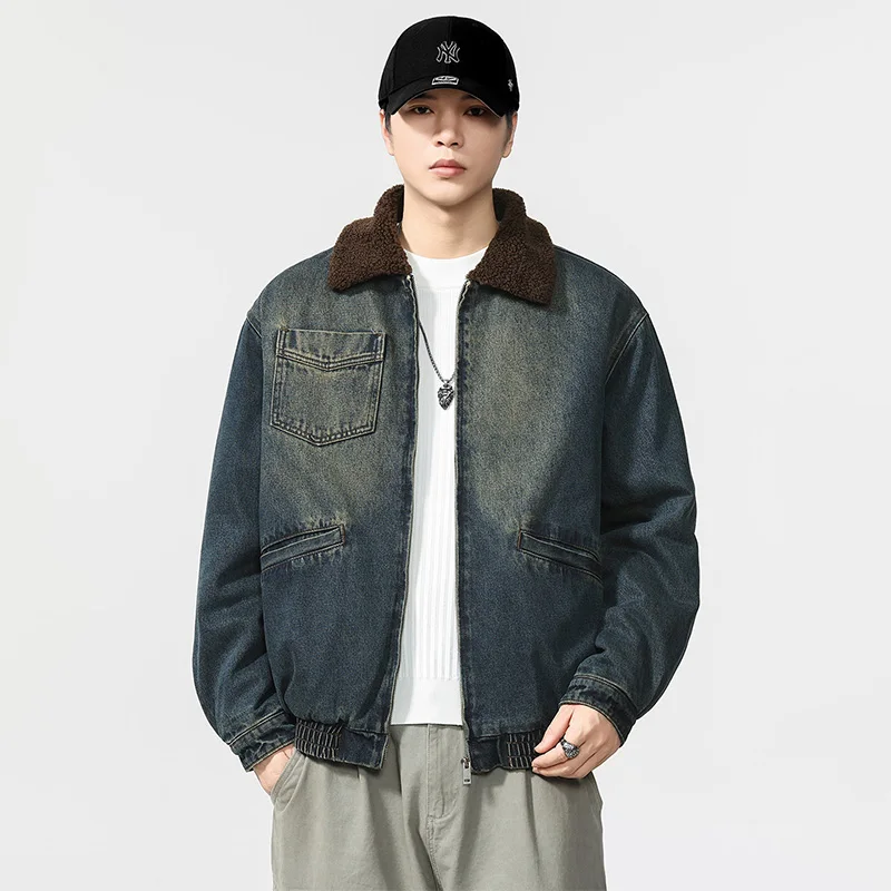 

Winter Faux Lamb Wool Liner Denim Jacket Men Winter Streetwear Fashion Vintage Loose Causal Thicken Warm Jeans Cargo Jacket Coat
