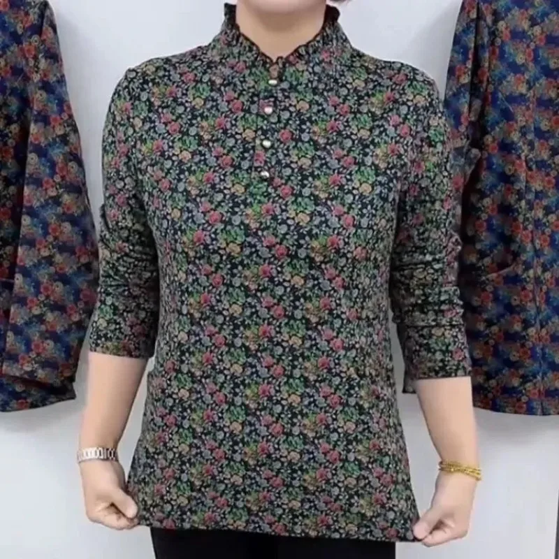 Moms Floral Print Top Ruffle Collar Fleece Lined Loose Warm Long Sleeve Blouse Autumn Winter Elderly Clothing