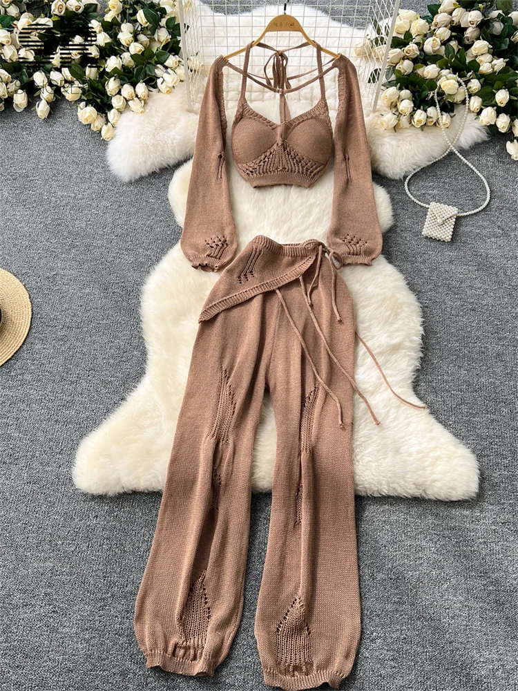 SINGREINY Sexy Fashion Knitting 3pcs Suits Halter Tank Top+Long Sleeve Cover Shirt+Wide Leg Pants Women Ripped Design 3pcs Sets