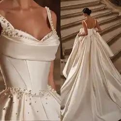 Elegant Ball Gown Wedding Dresses Shiny Pearl Spaghetti Strap Zipper Bridal Gown Cathedral Train Vestido De Noiva Customized