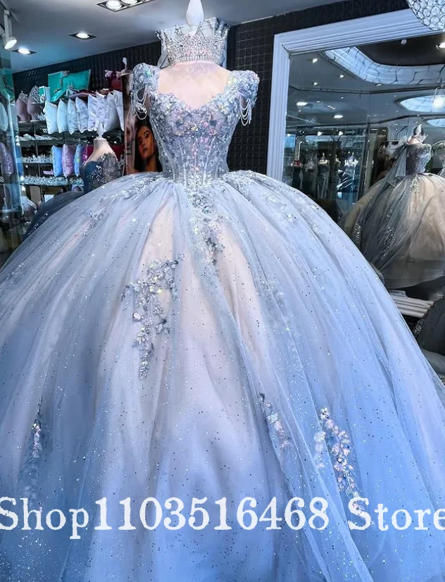 

Blue Dream Princess Style Vestidos de 15 Quinceanera Dress Crystal Decorated Ballet Skirt Extra Long Bow Tail Customised