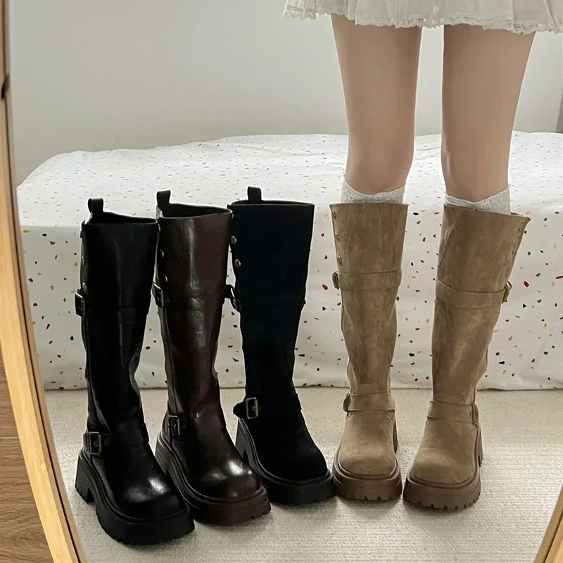 Women Fashion Buckle Strap Knight Boots Winter Platform Vintage Knee High Boots Outdoor Leisure Botas De Invierno Para Mujer