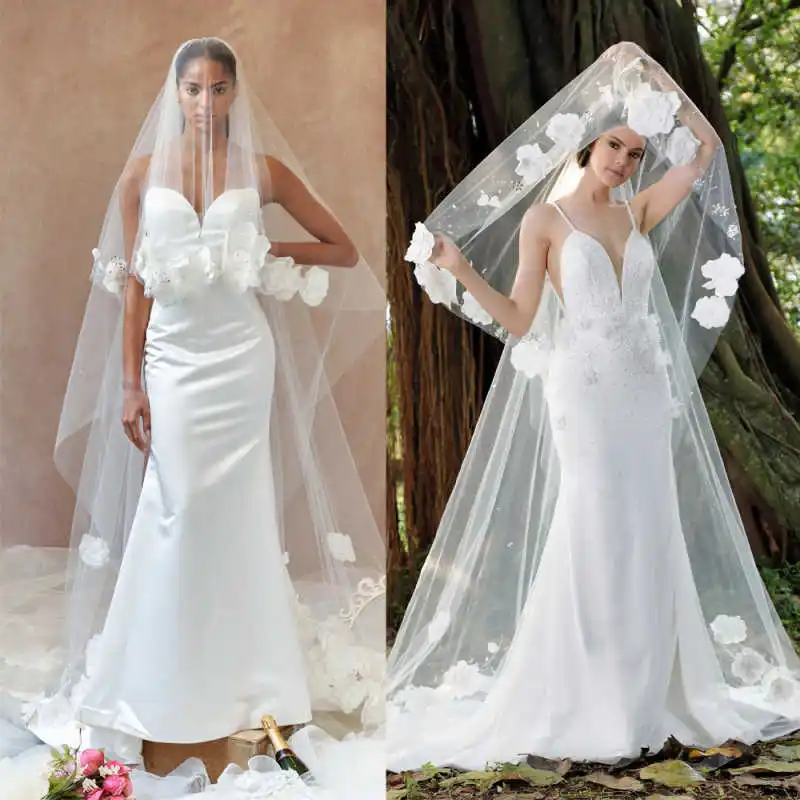Designer Bridal Veil Sequins 3D Flower Two-Layer Chapel Length Wedding Dresses Veil For Women Voile Bride Accessories