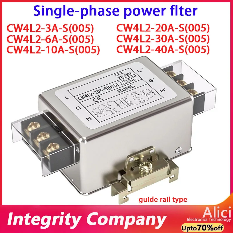 CW4L2-30A-S (005) Single-Phase PowerFilter 20A 40A 220V AC EMI Anti-Interference Bipolar Guide Terminal Block for Power Supply