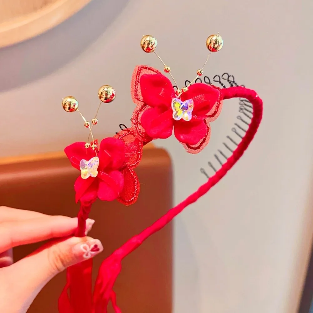 

Elegant Red Chinese Style Headband Tassel Pearl Flower Ancient Headwear Ball Cute New Year Hair hoop Hanfu Costume