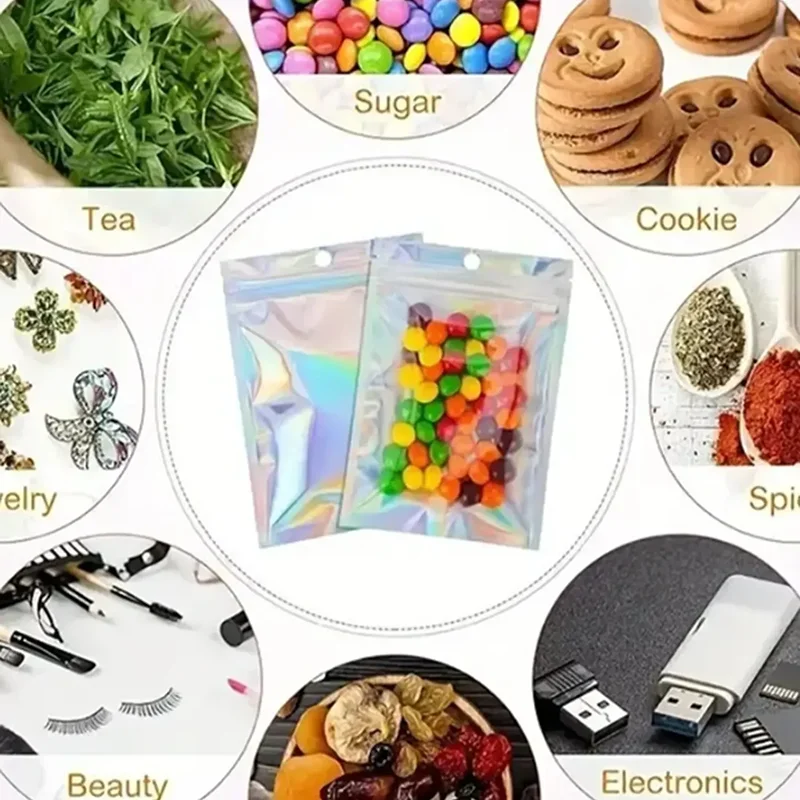 100pcs/lot Iridescent Zip lock Bags Pouches Cosmetic Plastic Laser Zipper Plastic Retail Packaging Poly Pouches Ziplock Bags