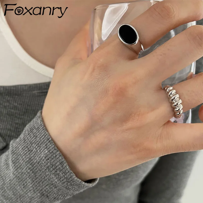 Foxanry Silver Color Ellipse Black Zircon Rings For Women Couples Fashion Personality Simple Hip Hop Classic Daily Party Jewelry