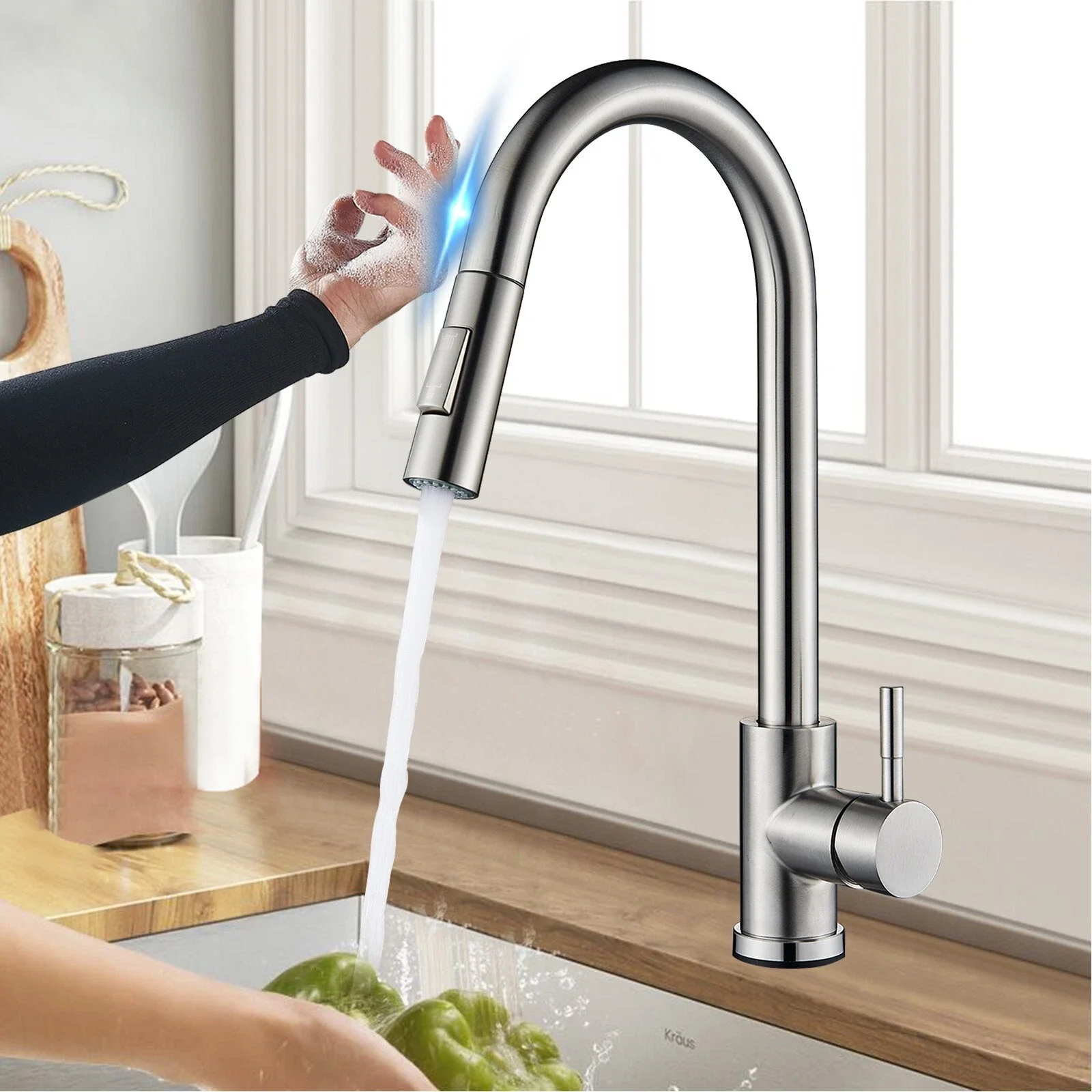 Black Sensor Kitchen Faucets Stainless Steel Smart Induction Pull Out Mixed Tap Single Handle Touch Control 360 Rotation Tap