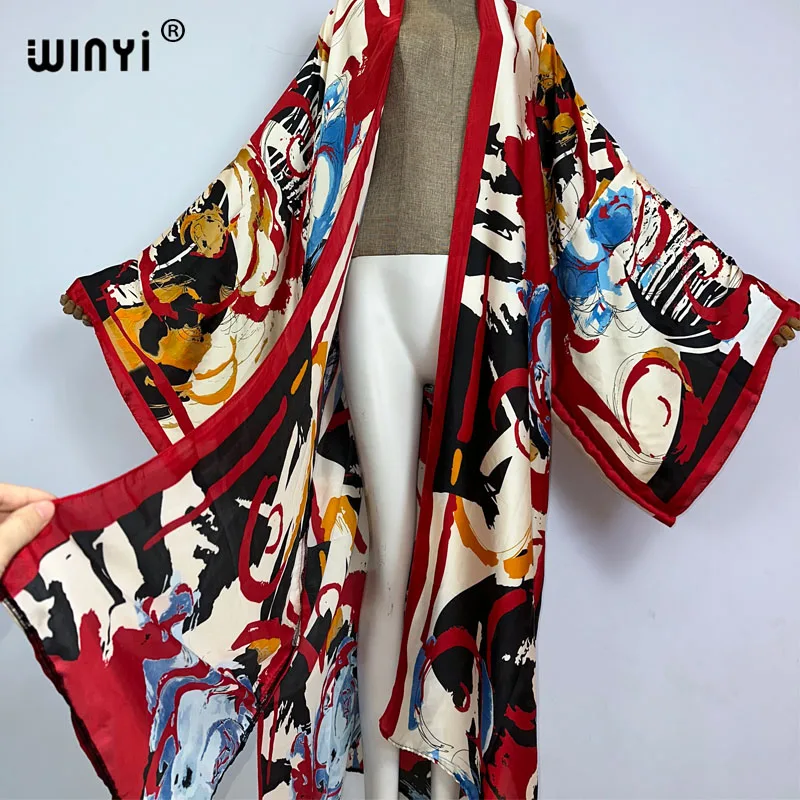 WINYI summer Bohemian Print Bikini Cover-ups Elegant fashion kimono Cardigan sexy Holiday long Sleeve silk feeling loose dress