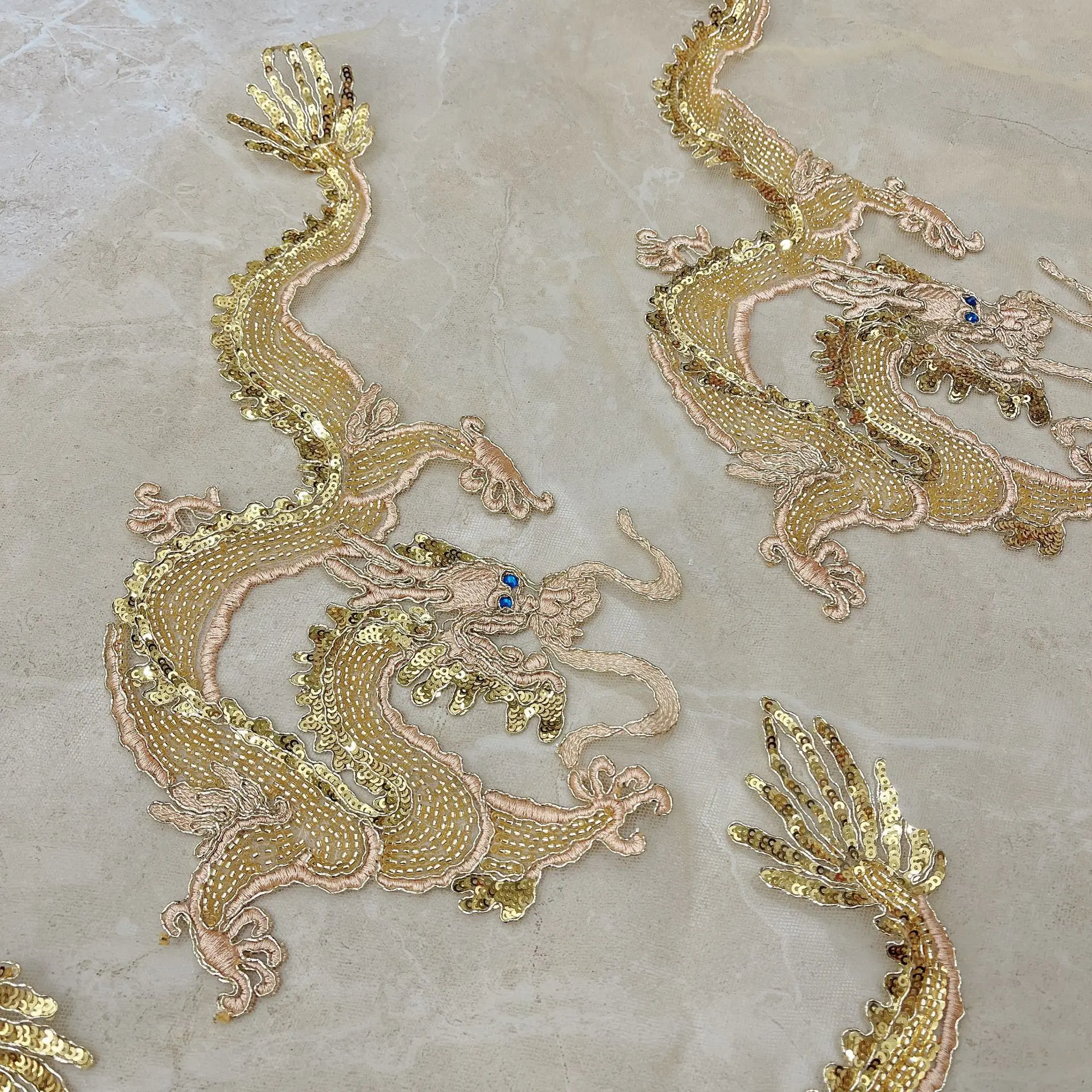 Beaded  Gold Dragon Applique Sequin Embroidery Patch Chinese Applique  Patches For Clothing