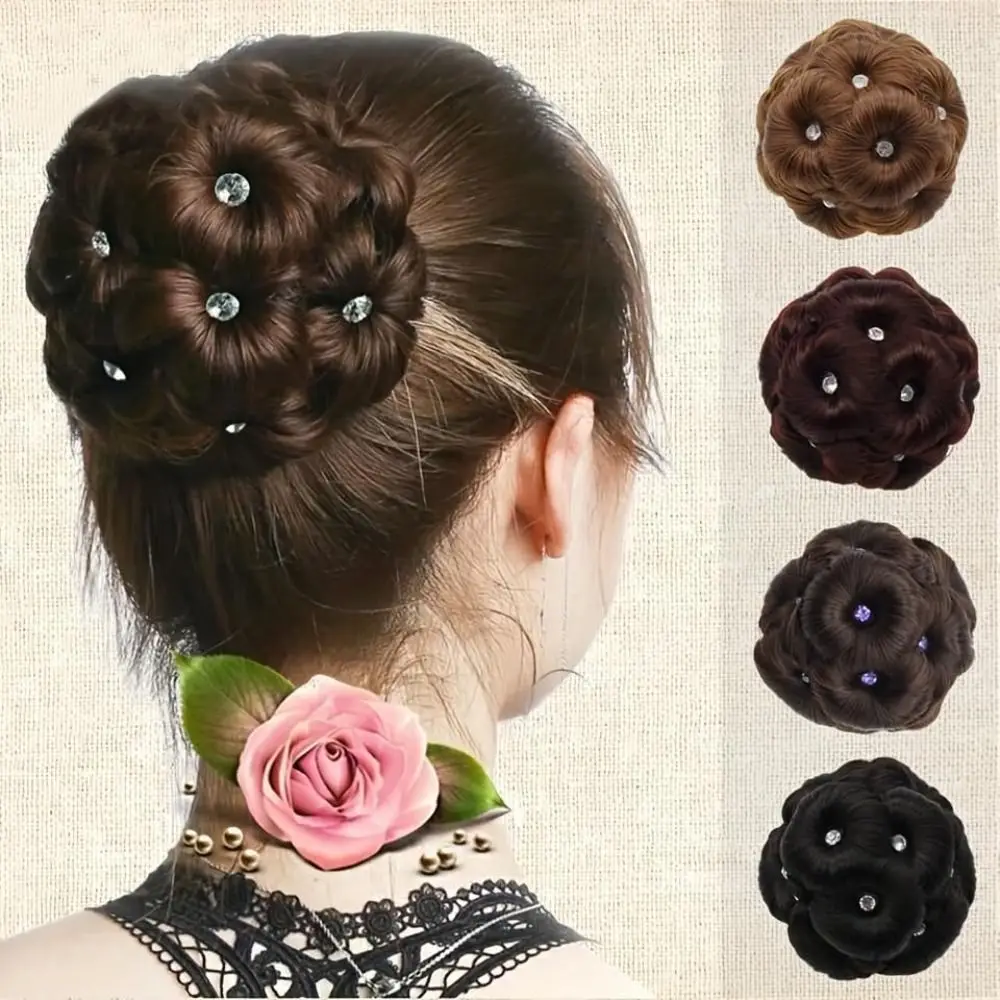 Modische Perücke, Synthese, lockiger Chignon, 9 Blumen, elastische Haarspangen, Donut-Haarteil, Haarverlängerungsclip