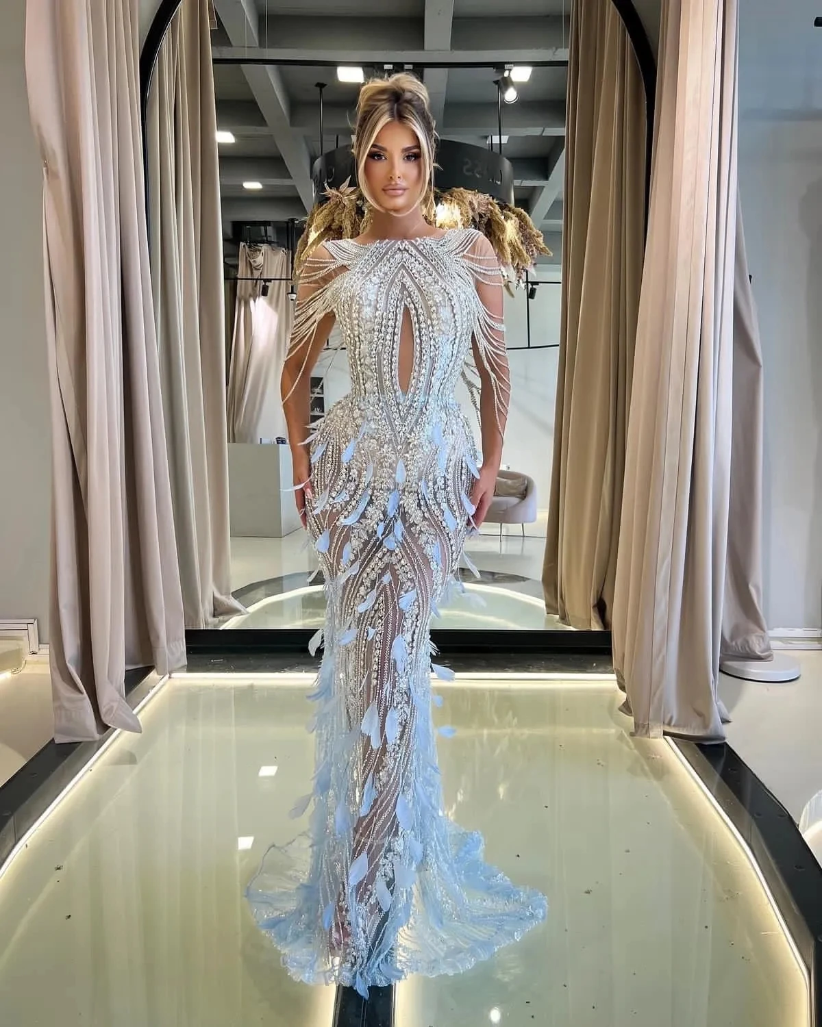 

Luxurious Crystal Tassel Beading Mermaid Prom Dresses Feather Illusion Evening Gowns Custom Made Robe De Soirée