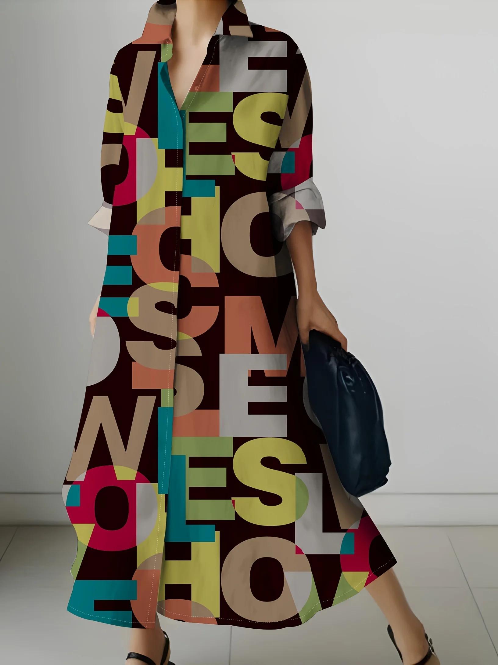 Damen Langarm Freizeitkleid im Urlaubsstil mit Abstraktem Buchstabendruck, Knopfleiste, A-Linie, Sommerkleid, Leicht und Fließend, Midi-Länge