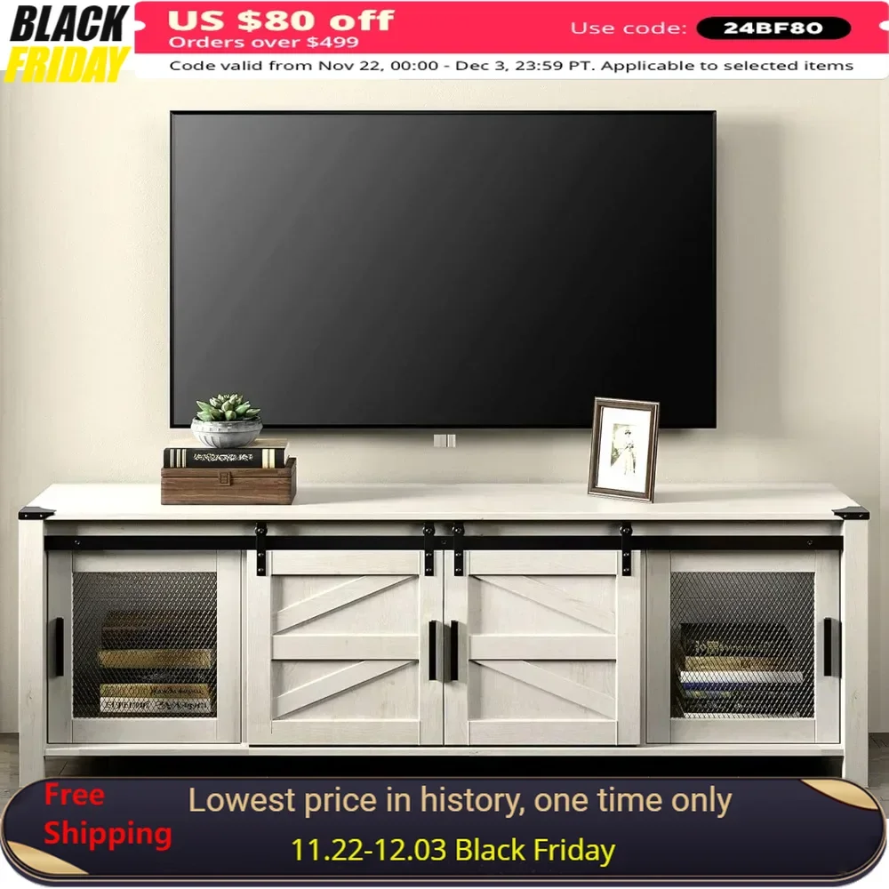 

TV Stand for 75 Inch TVs, 70" Wood Sliding Barn Door Media TV Console Table with Storage Shelf, Entertainment Center