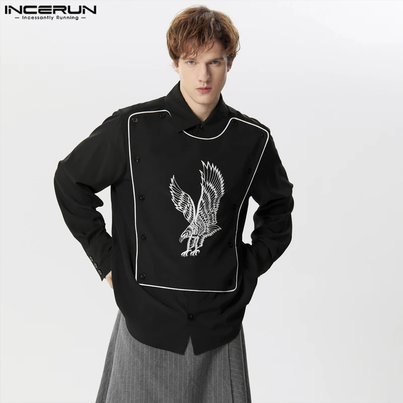 INCERUN Tops 2024 Handsome Men\'s Personality Printing Patchwork Line Design Shirts Stylish Hot Selling Long Sleeved Blouse S-5XL