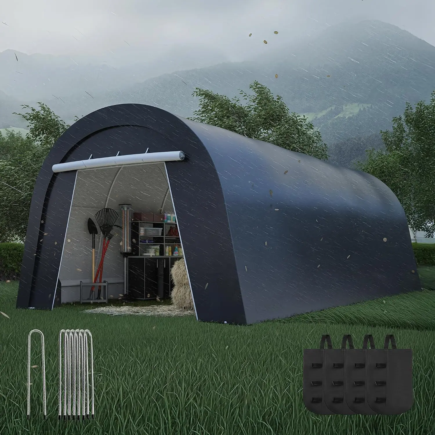 12 X 25 Carport 6 Heavy Duty Ground Stakes Car Port Portable Garage 4 Cloth Bags 2 Roll Up Doors All Weather Car Shelter Car Por