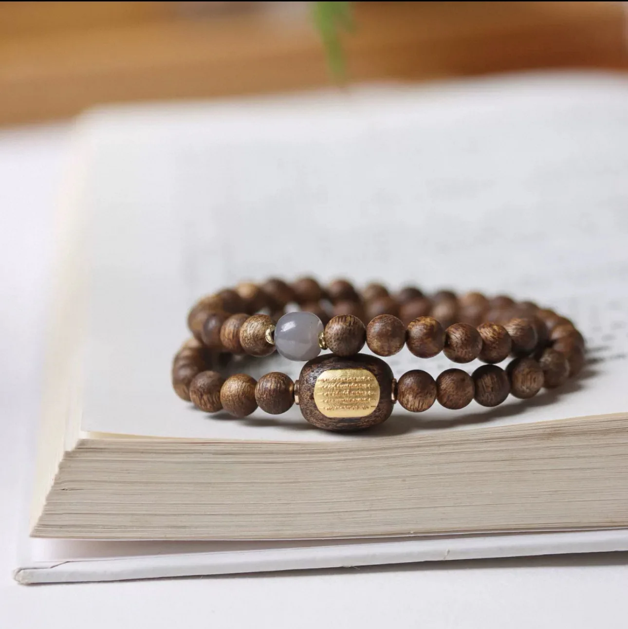 Natural Agarwood Nan 6mm Bracelet 925 Silver Gold Plated Five Stripes Scripture Single Circle Unisex Ancient Style Jewelry