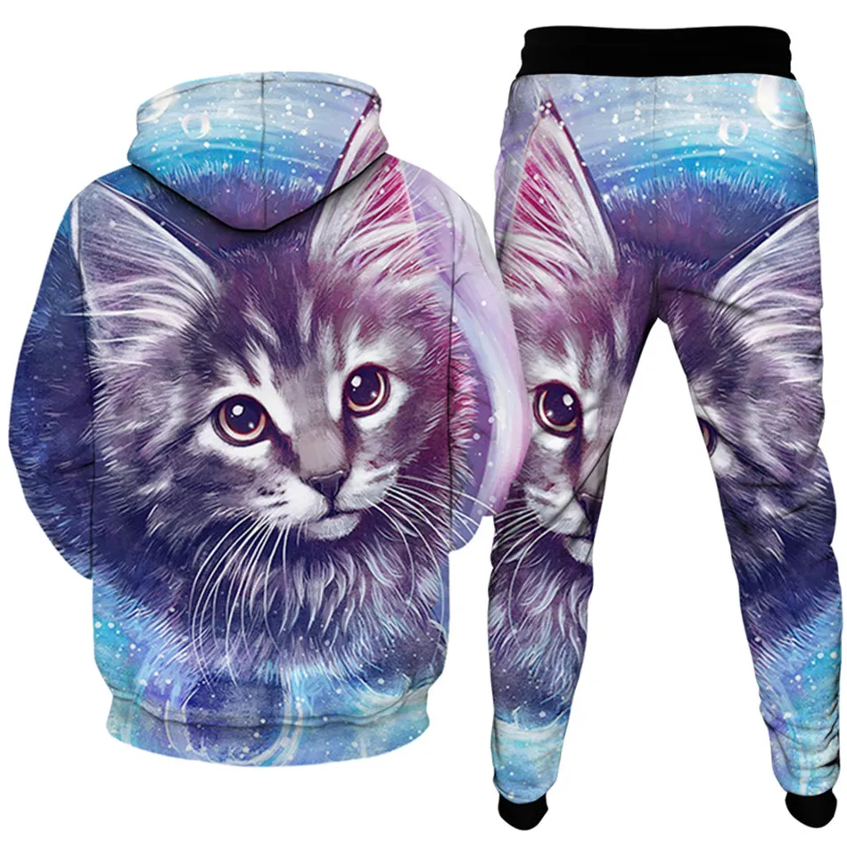 Galaxy Lightning Animal Cat 3D Printed Men's Sets Women Sportswear Tracksuit Hoodies+Trousers 2Pcs Clothing Suit Plus Size S-6