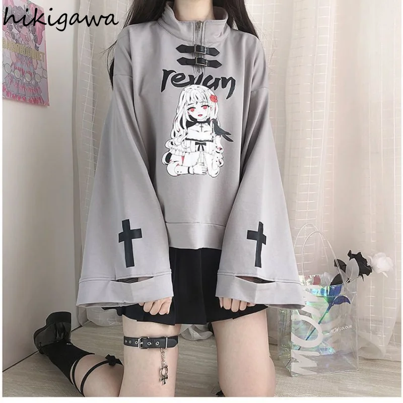 Japanese Hoodies Women Harajuku Half High Collar Long Sleeve Tops 2023 Ropa Mujer Fashion Cartoon Anime Print Sweatshirts 27i669