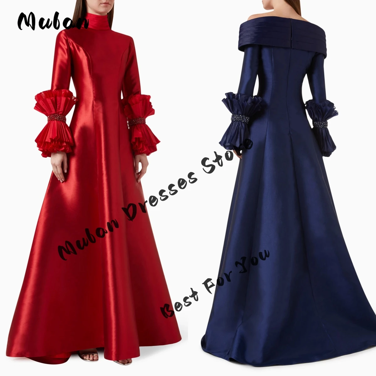 

High Neck Long Sleeves Satin Evening Dresses 2024 Pleated Beaded A-line Formal Occasion Off Shoulder Prom Dress Party Gown