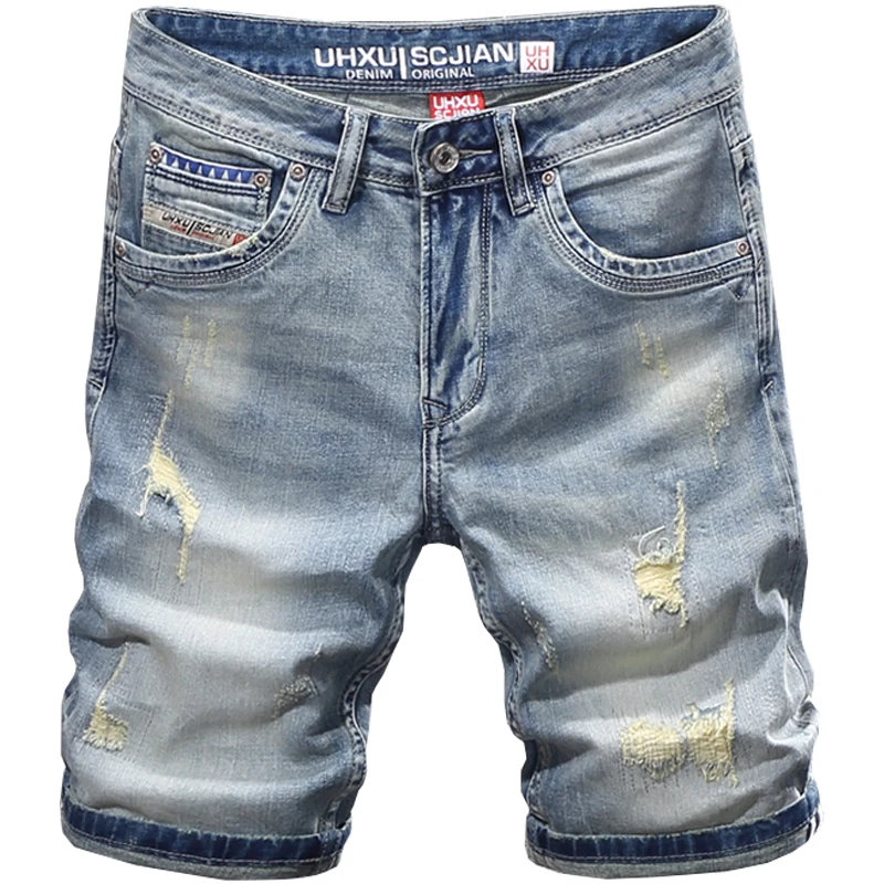 Street Fashion Men's Split Jeans High Quality Retro Blue Elastic Slim Fit Jeans Men's Patch Designer Retro denim shorts Hombre