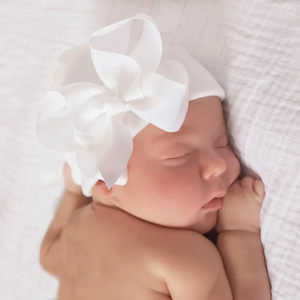 0-6Months Newborn Hospital Cute Knit White Bonnet with Ribbon Bow Baby Girls Boknot Beanie Hat Infant Grosgrain Bowknot Soft Hat