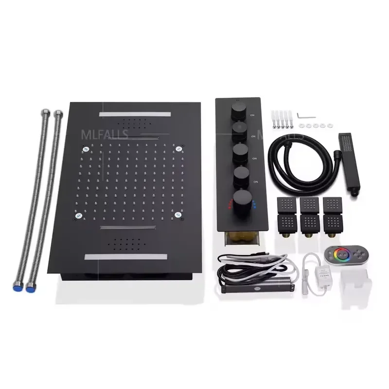 Black Thermostatic Faucets LED Rain Waterfall Shower Head Full Body Brass Mixer Shower System