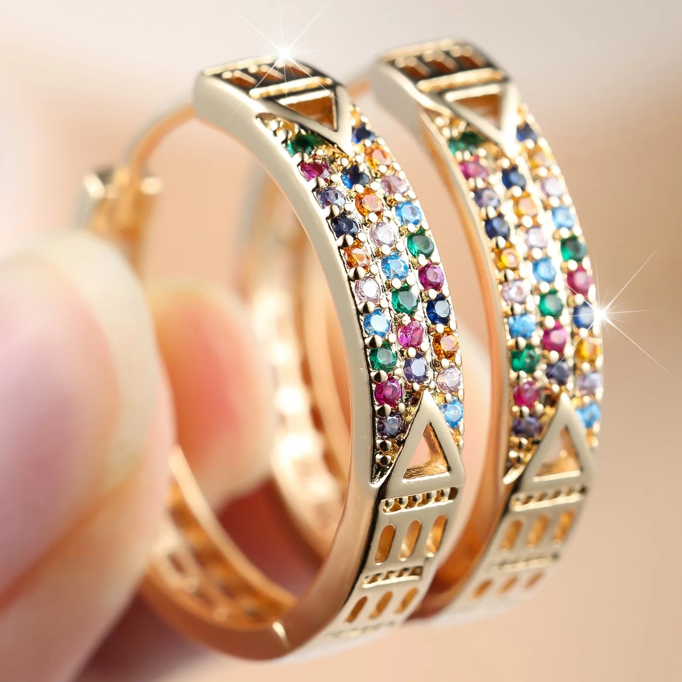 Small Skeleton Geometric Luxury Female Rainbow Zircon Fashion Stone Hoop Earrings For Women Vintage Gold Color Wedding Jewelry