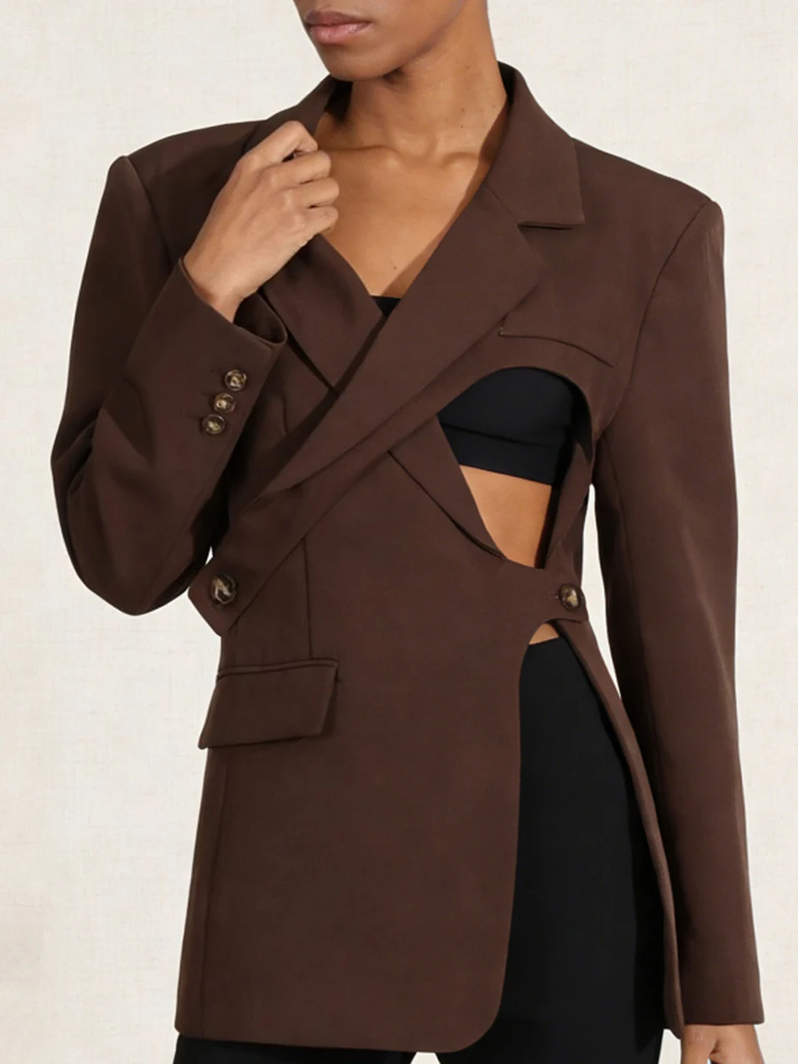 VGH Solid Sexy Slim Irregular Jackets For Women V Neck Long Sleeve Spliced Button Spring Design Sense Hollow Out Blazer Female