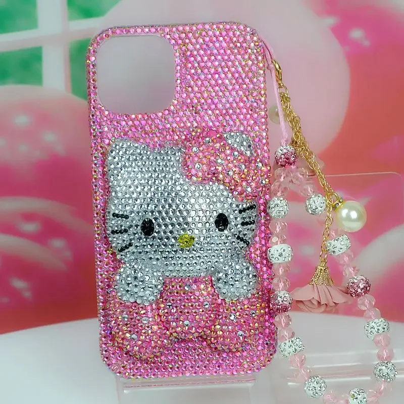 Handmade Original Sanrio for iPhone 11 12 13 14 15 Pro Max AB Diamond Hello Kitty iPhone 16 Plus Phone Case Rhinestone