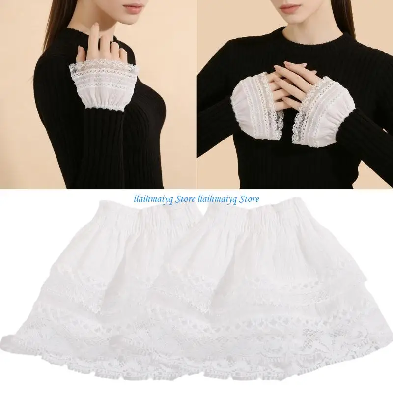 573B Decorative Lace Wrist Trim for Women White Elastic Sleeve Accent 2 Pairs for Blouse Sweater Dress Styling