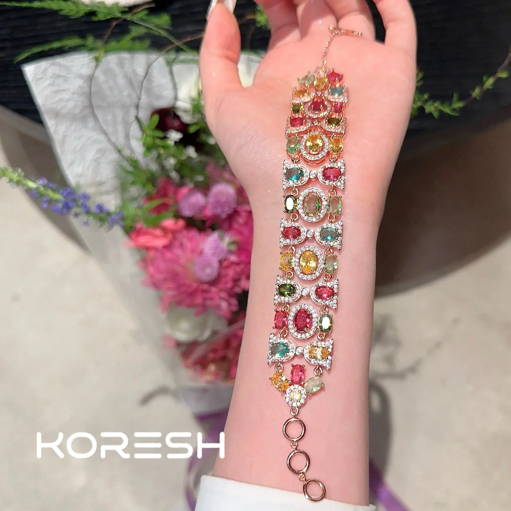 Women Austrian Rainbow Gem Bracelet Fantasy Bubble Plated 18K Gold Margaret Colored Gem Zircon Ring